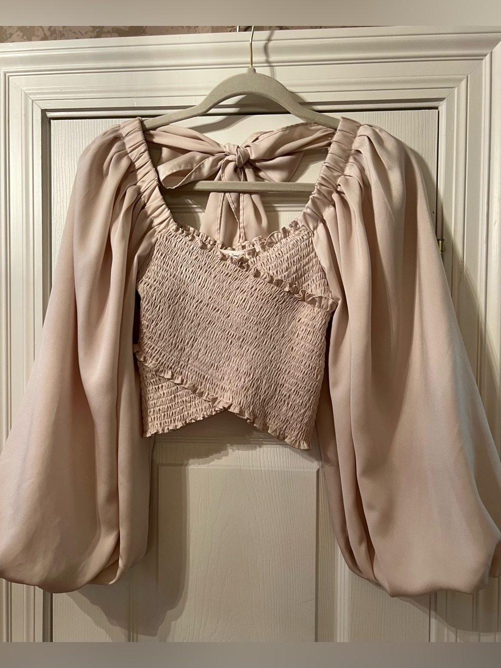 Mustard Seed Blush Puff-Sleeve Smocked Crop Top